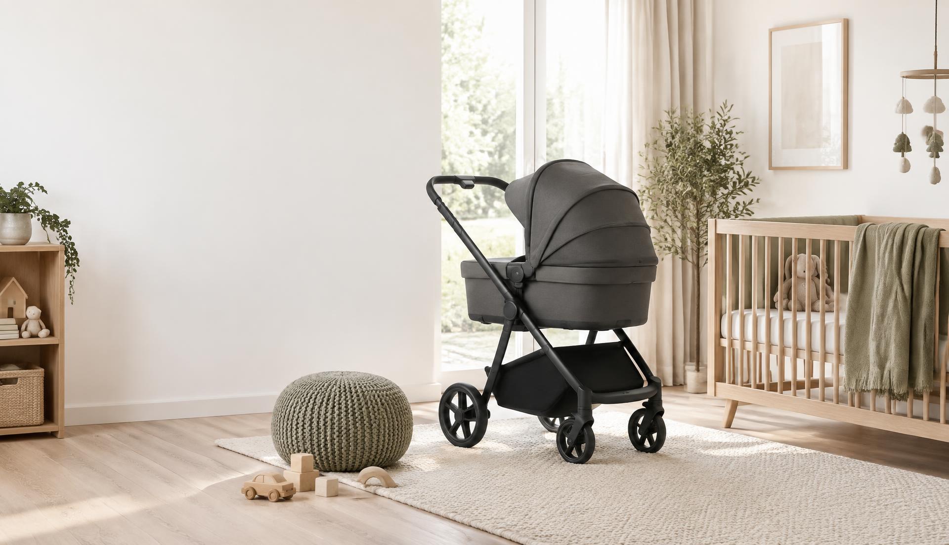 Quarto de bebé luminoso com carrinho e berço